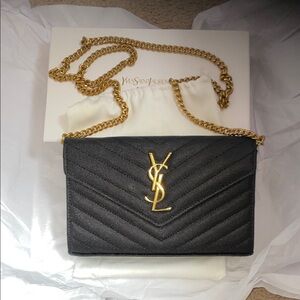 Yves Saint Laurent Black Chevron Clutch with Gold Chain